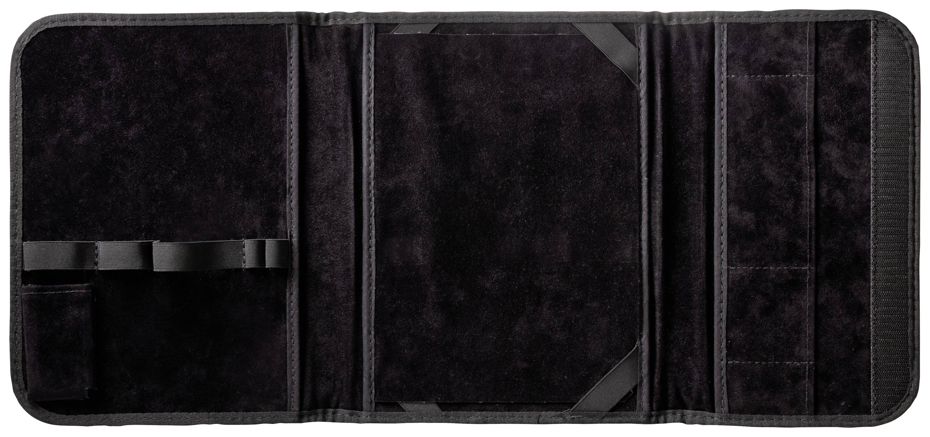 Black, empty multi-pocket organiser folder, shown open. Suitable for documents and stationery.