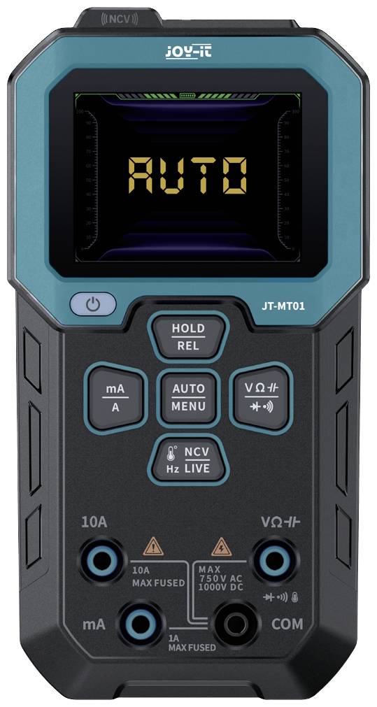 A digital multimeter with a display showing 'AUTO'. It has various buttons and sockets for taking measurements.