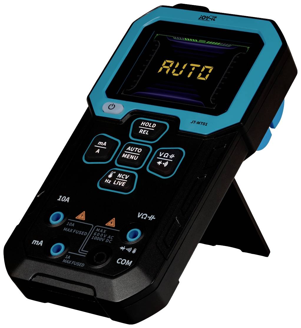 A digital multimeter with an 'AUTO' display, multiple buttons and symbols for measuring electrical values such as voltage and current.