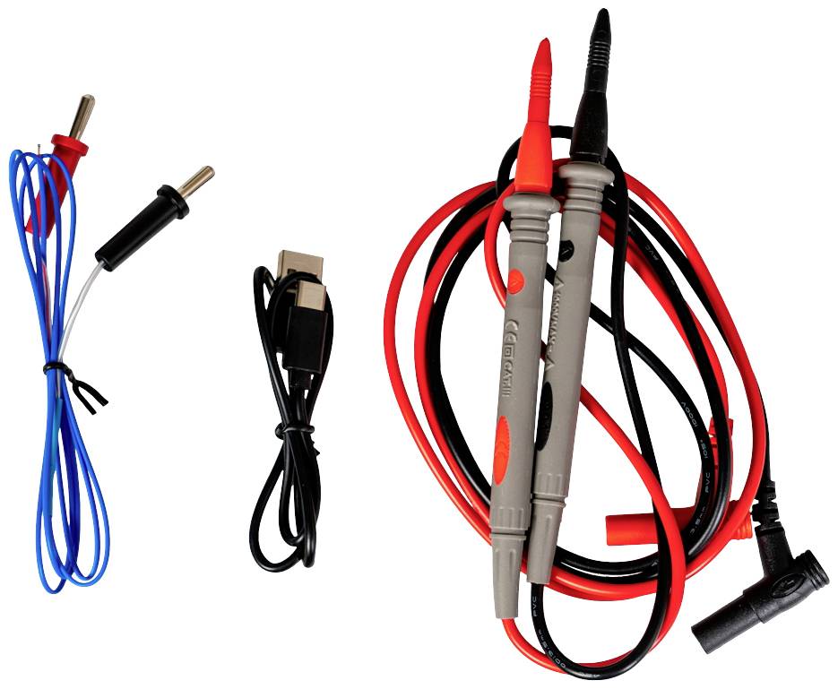 Various measuring leads and cables with crocodile clips and USB plugs, typical for electrical tests and measurements.