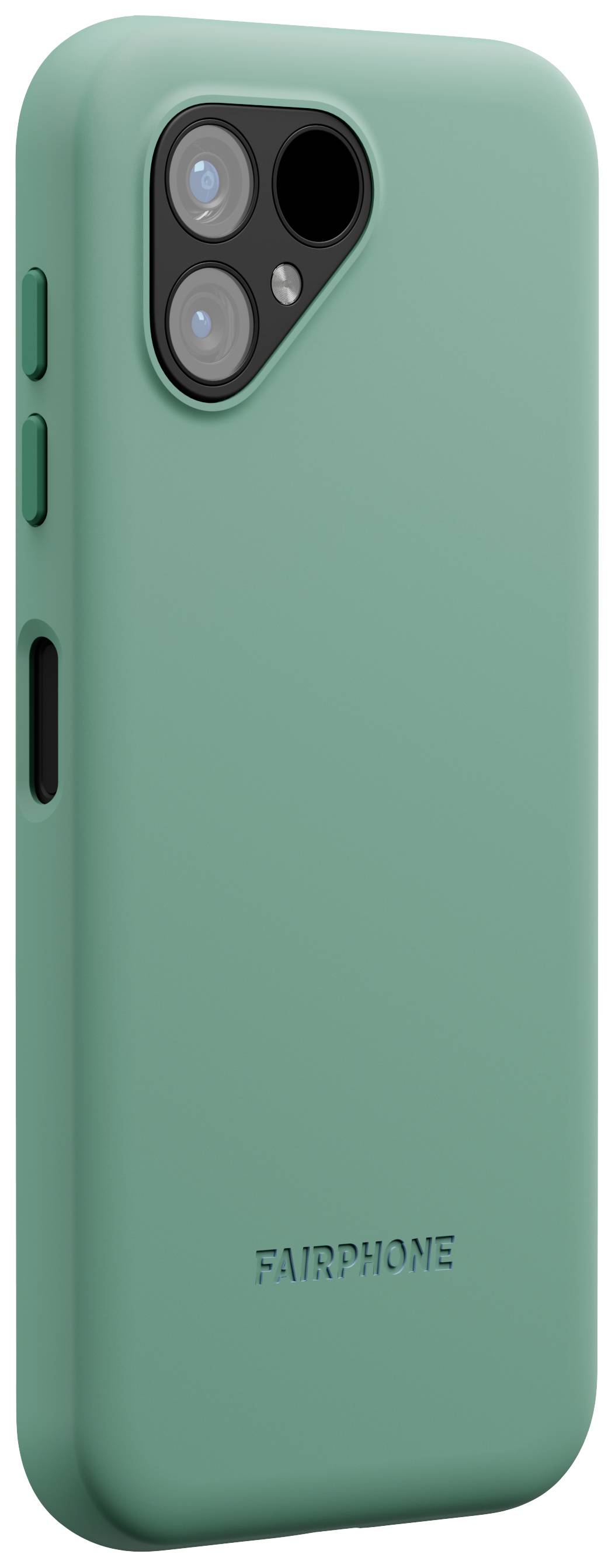 Rear view of a smartphone with a green protective case and two camera lenses. The brand name 'Fairphone' visible on the case.