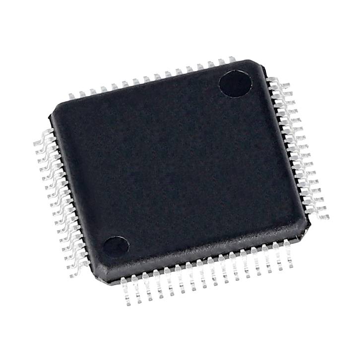 A black microchip with numerous silver connections on all sides, showing the typical square shape of an integrated circuit.