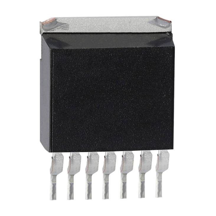A black, rectangular semiconductor chip with six silver connections on its underside, typically used in electronic circuits.
