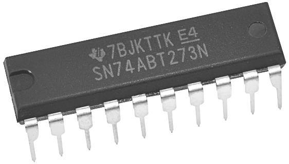 A black integrated circuit with the inscription '7BJKTTK E4 SN74ABT273N', shown from above with pins visible.