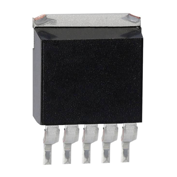 A black, rectangular electronic component with four metal pins underneath, presumably an integrated circuit (IC), against a white background.