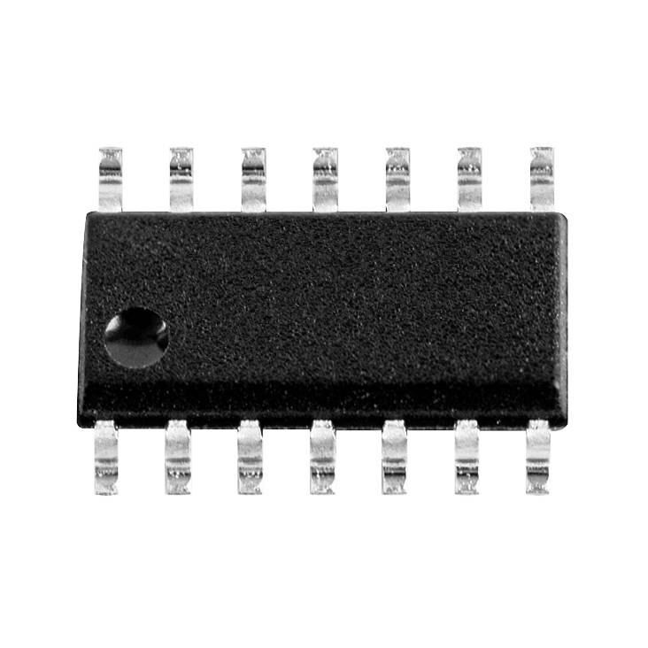 A black integrated circuit (IC) with 14 pins, symmetrically distributed. Used in electronic devices for data processing.