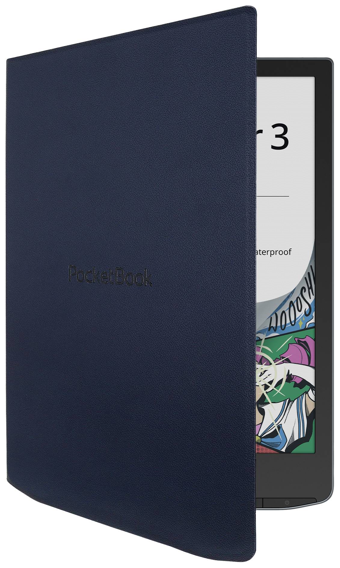 An e-reader with a dark blue cover, partially open, displays a screen with text and a coloured graphic at the edge.