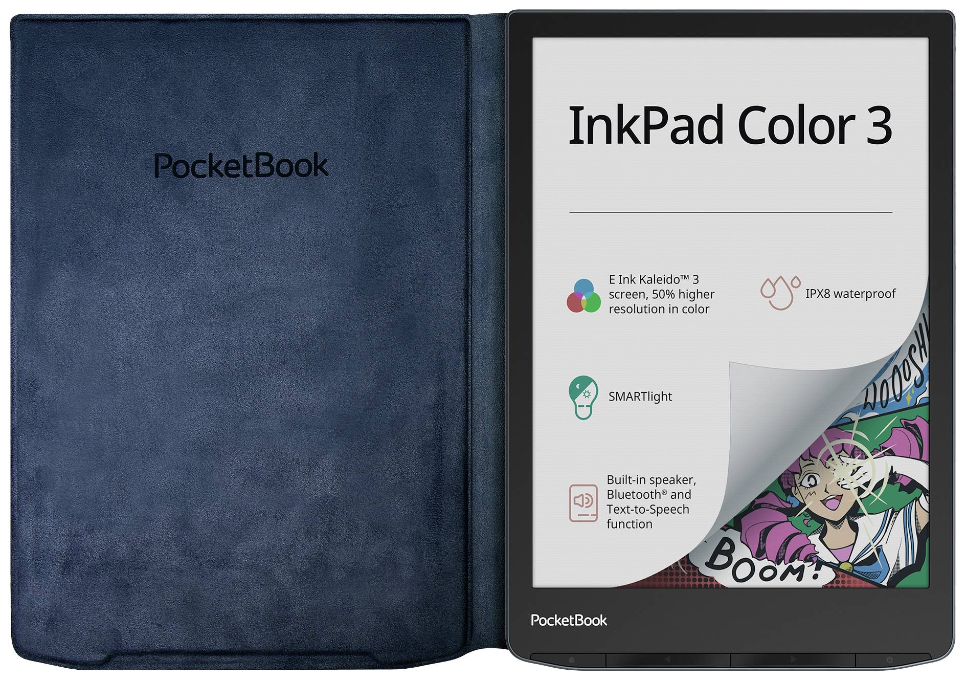 InkPad Colour 3 E-Reader with open cover. Display shows icons for high colour resolution, water resistance, SMARTlight, speakers, Bluetooth.