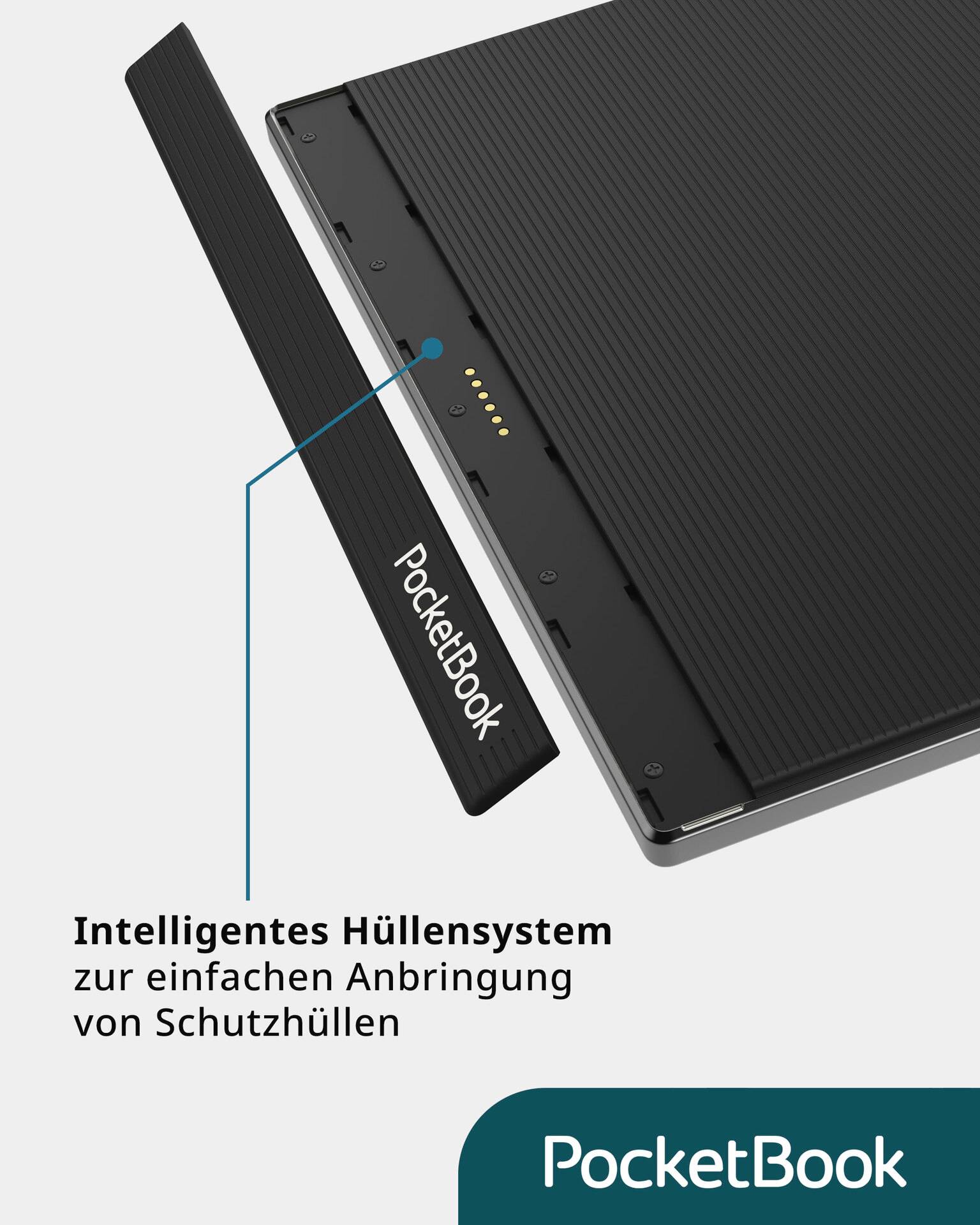 A smart cover system from PocketBook with easy attachment, shown on a device, emphasised by a descriptive arrow.