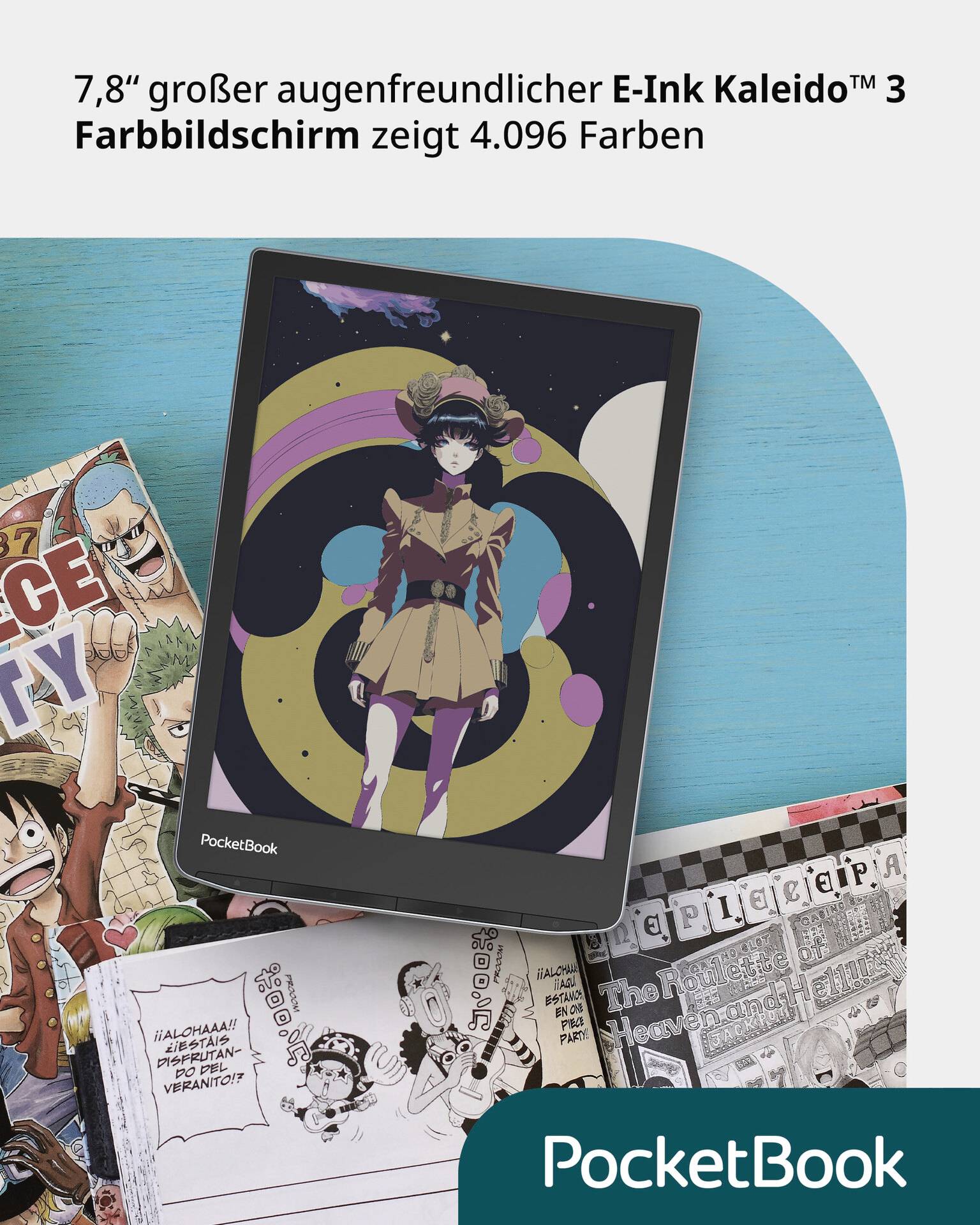 An e-reader with a 7.8-inch colour E-Ink display shows a manga cover. Comic books are spread out on a blue table in the background.