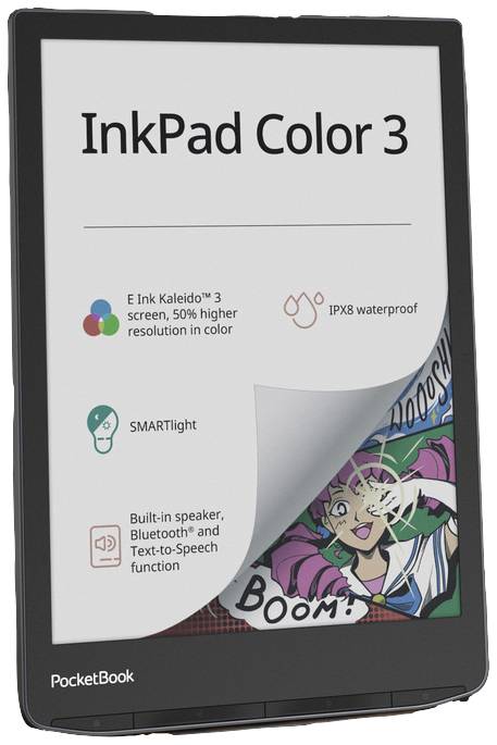 E-Reader PocketBook InkPad Colour 3 with E-Ink Kaleido 3 Display, SMARTlight, Bluetooth, Waterproof, Built-in Speakers.