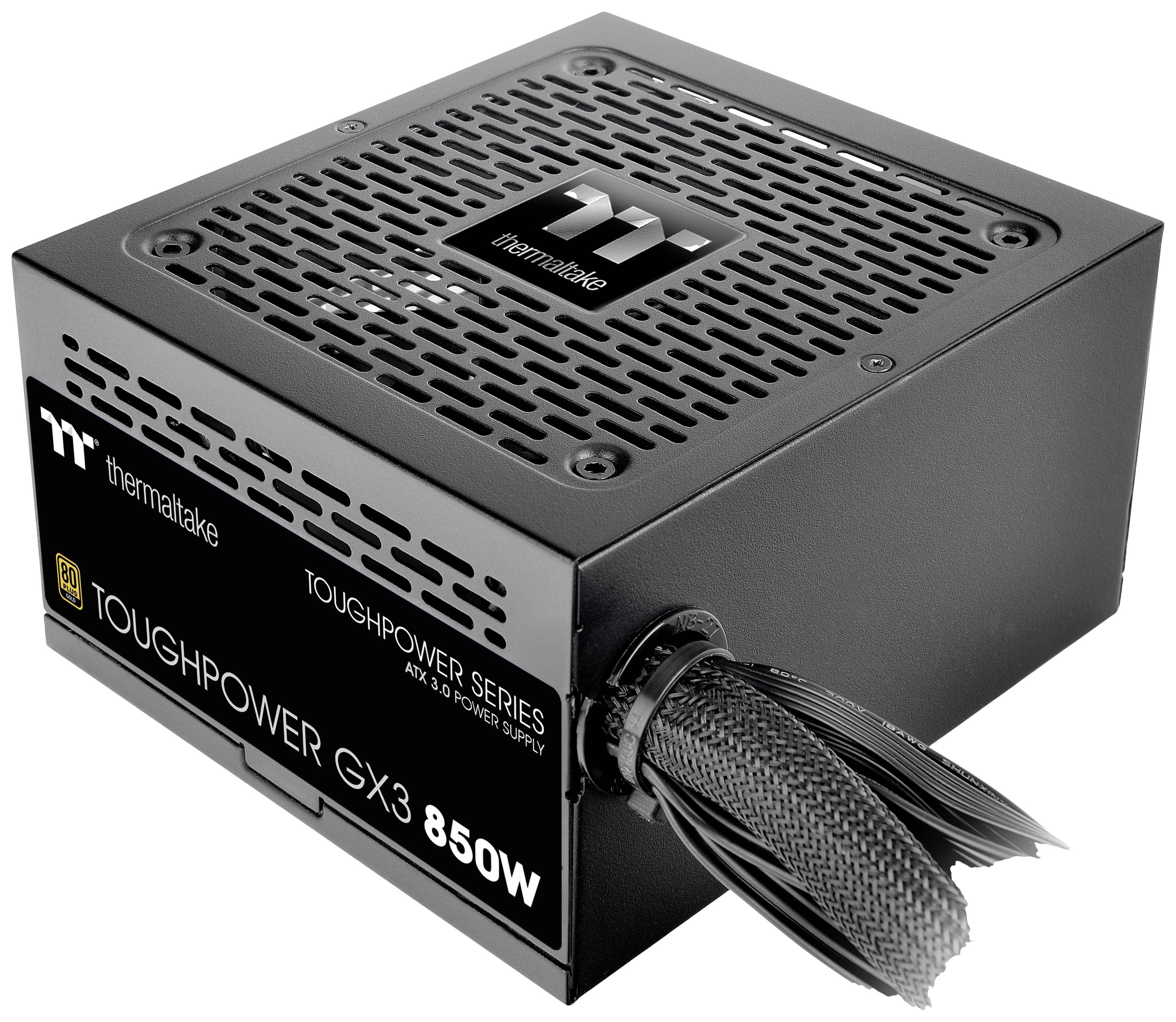 Black power supply from Thermaltake, model Toughpower GX3 850W, positioned sideways with visible ventilation grille and cable bundle.