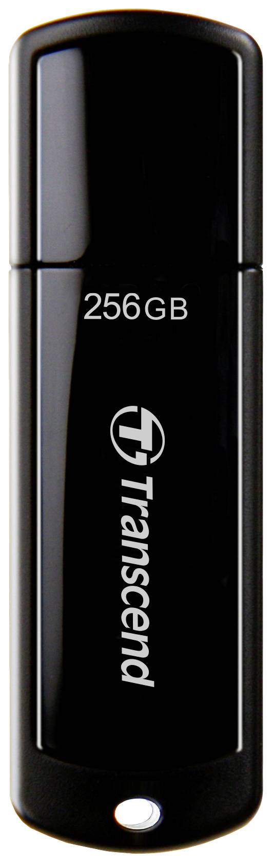 Black Transcend USB stick with a capacity of 256 GB, viewed from a standing position.
