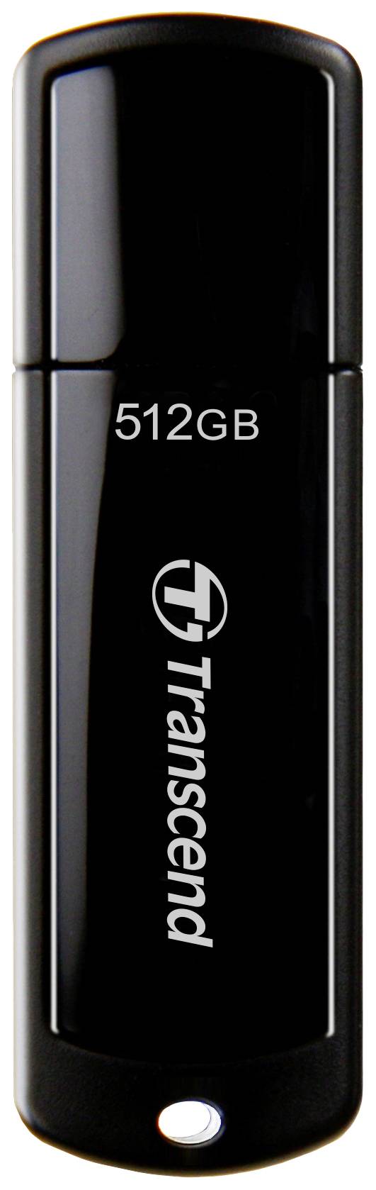 Black USB stick with '512GB' capacity and 'Transcend' logo.
