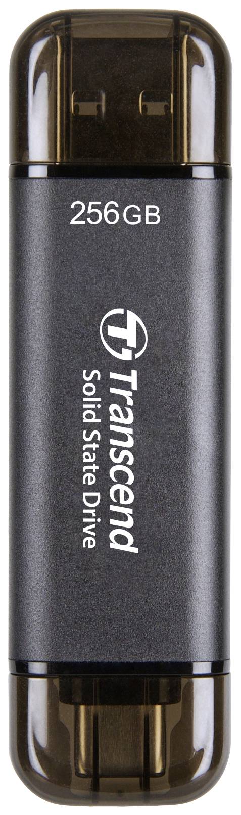 Black USB drive with 'Transcend Solid State Drive' printed on it, 256 GB capacity.