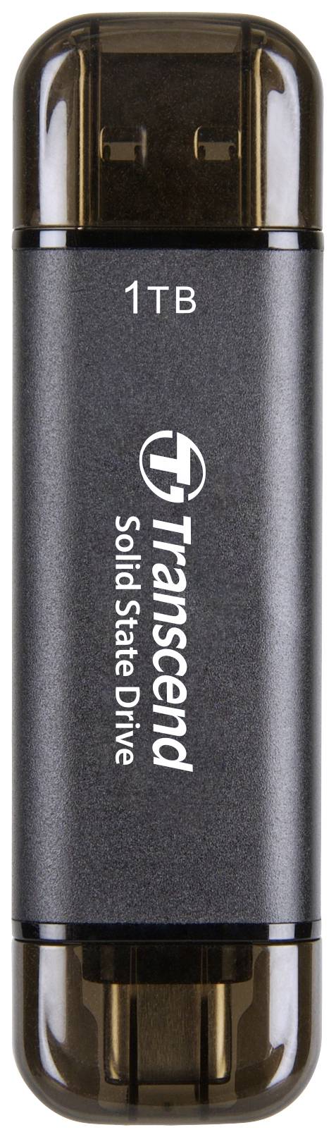 USB drive with 1 TB storage, marked as 'Transcend Solid State Drive'. Black casing with protective caps at both ends.
