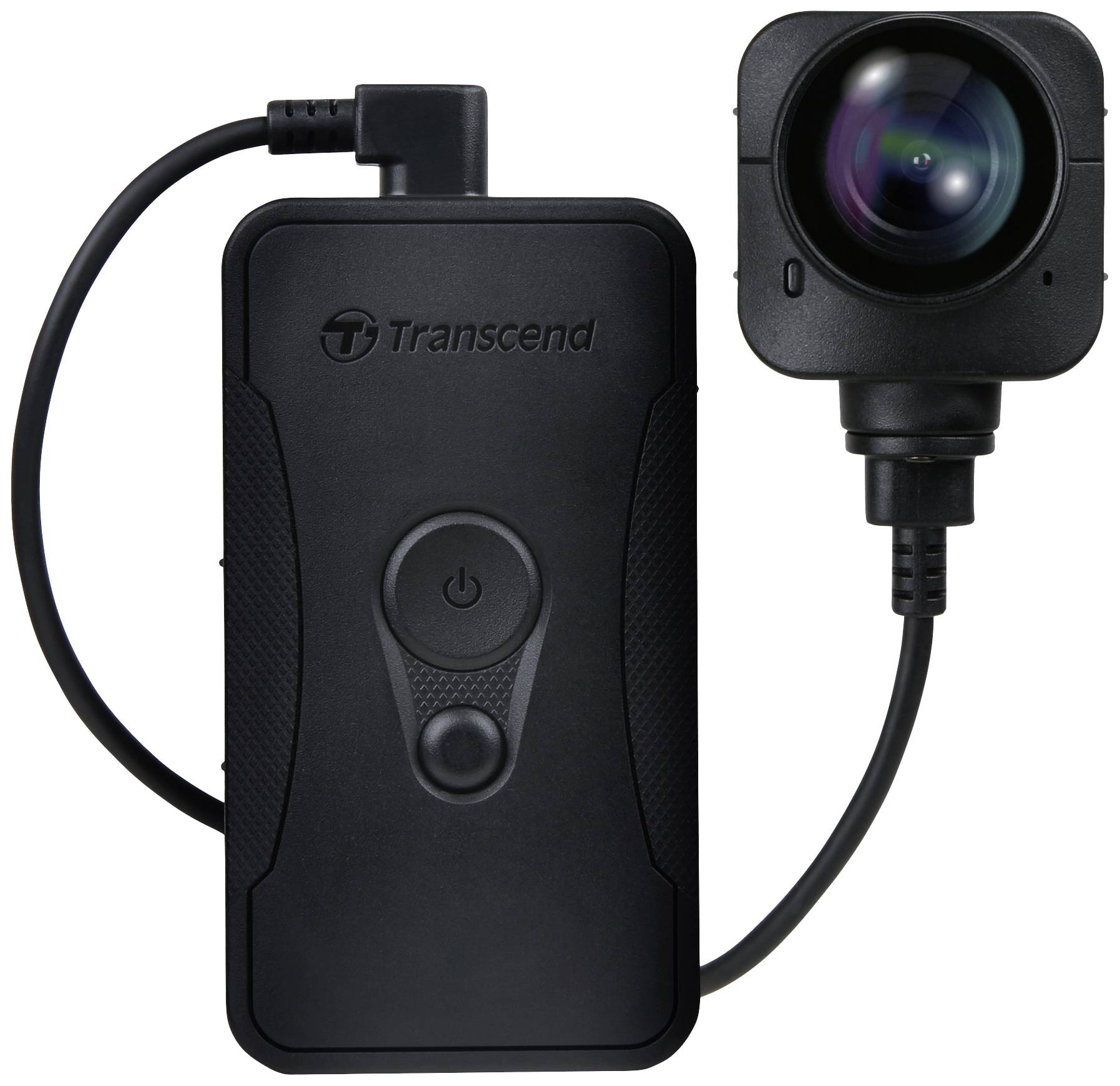 Black Transcend camera with cable, consisting of a rectangular housing with power button and connected lens module.