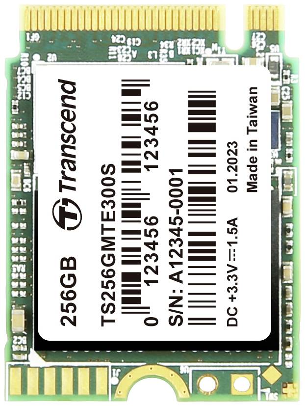256GB Transcend SSD with Model Number TS256GMTE300S, Serial Number A12345-0001, manufactured in Taiwan, Operating Voltage DC +3.3V~1.5A.