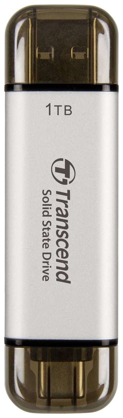 USB stick with the label '1TB Transcend Solid State Drive', indicating the storage capacity and brand of the device.