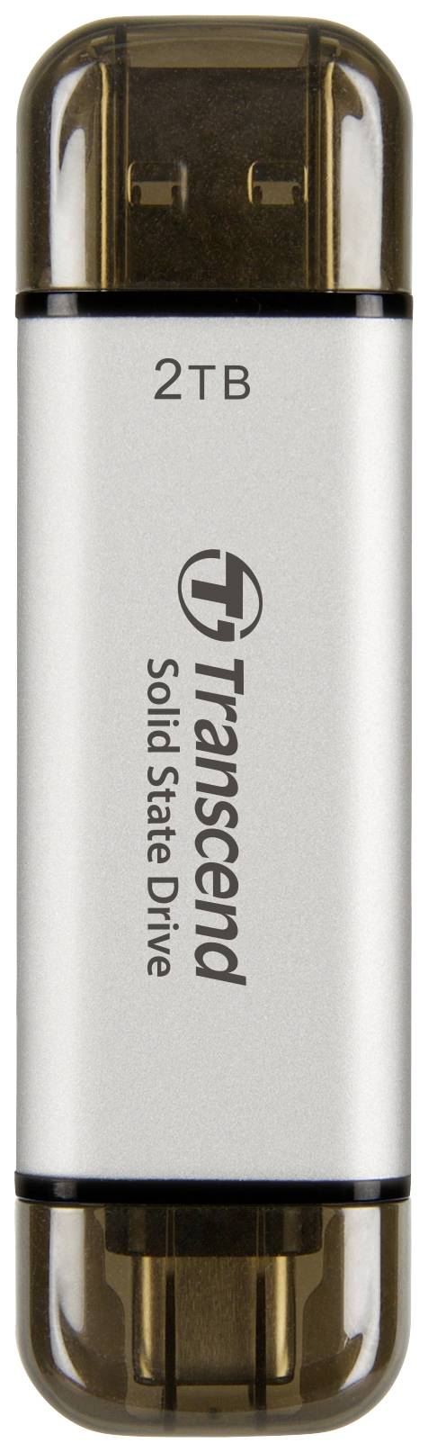 USB stick with the label '2TB Transcend Solid State Drive', black casing with transparent protection at the ends.