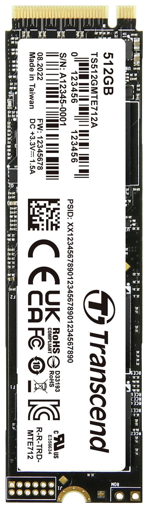 A 512GB Transcend SSD with technical information and serial number on a white background.