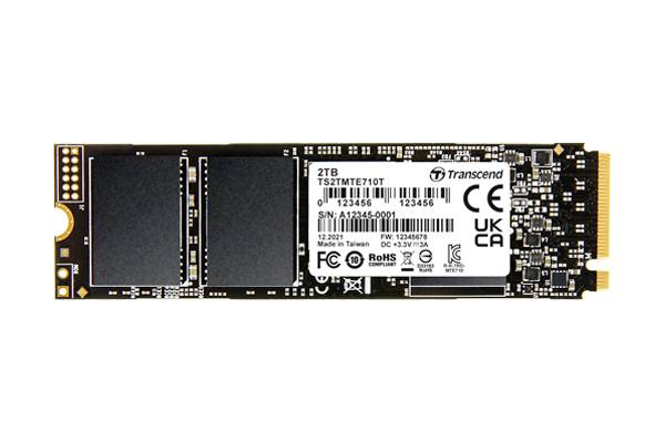 A Transcend SSD hard drive with 2 TB capacity, model number TSMTMTE710T, displays various certification logos and technical details on the label.