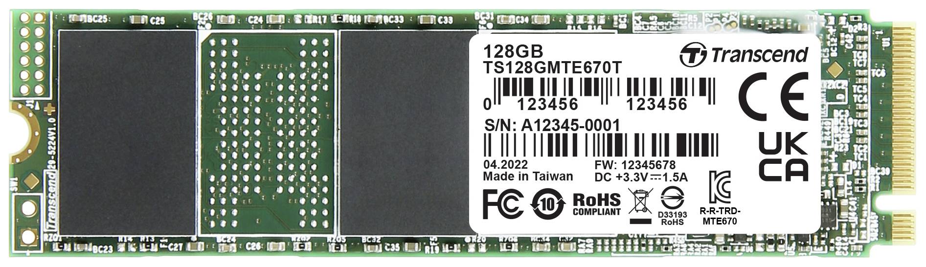 Transcend M.2 SSD, 128GB capacity, model number TS128GMTE670T, manufactured in Taiwan, date 04.2022, various technical certifications.