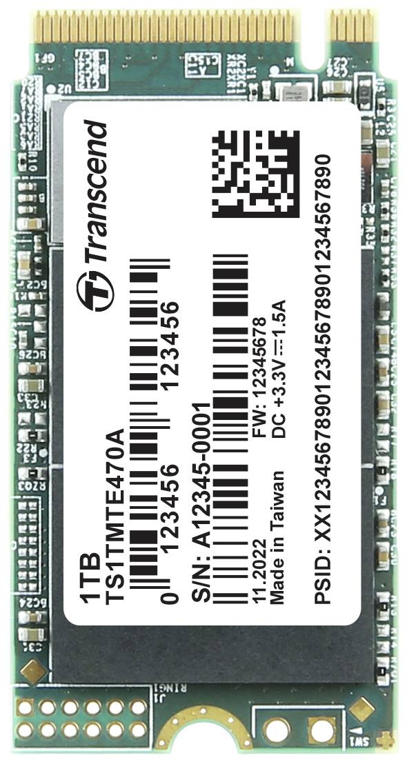 A 1TB M.2 SSD from Transcend. The label displays the model number, serial number, and other technical details.