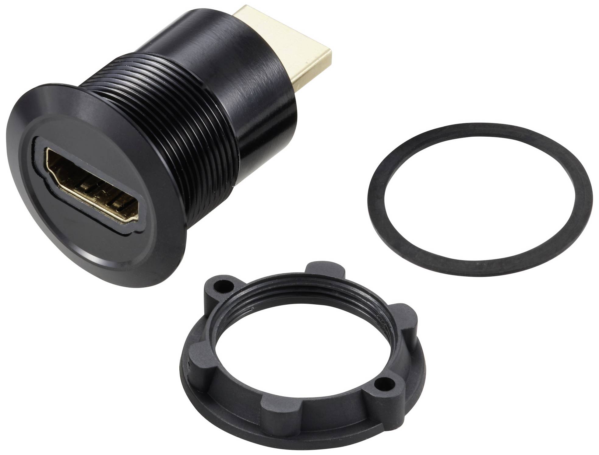 An HDMI socket with a female connector and rubber seal, suitable for wall or device installation. Perfect for robust connections.