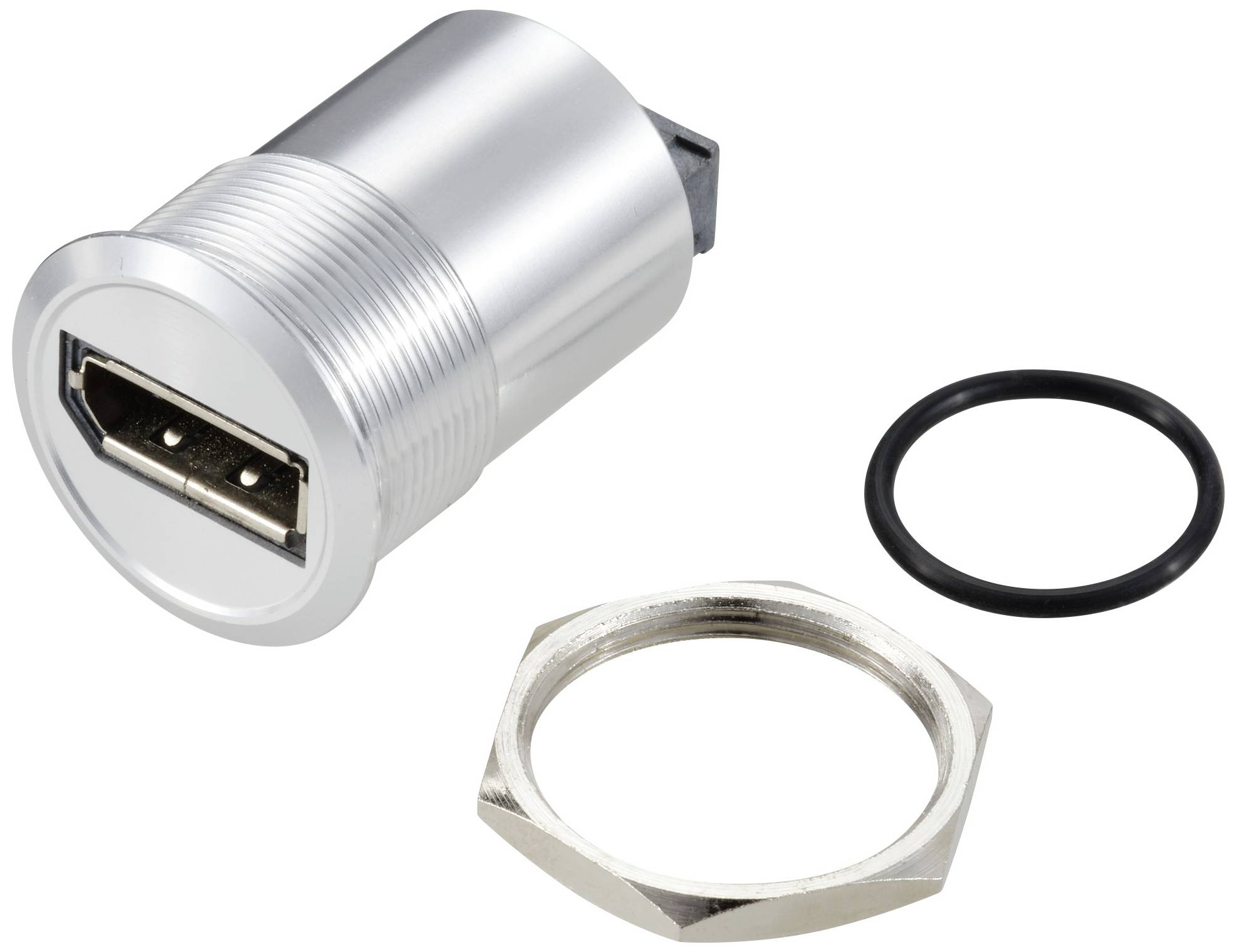 Metal adapter with HDMI socket, hexagonal nut and seal, presumably for installation in an electronic device.