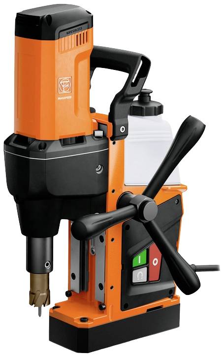 Magnetic drill machine in orange and black with a grip handle, control buttons, and a plastic container on top. It is portable.