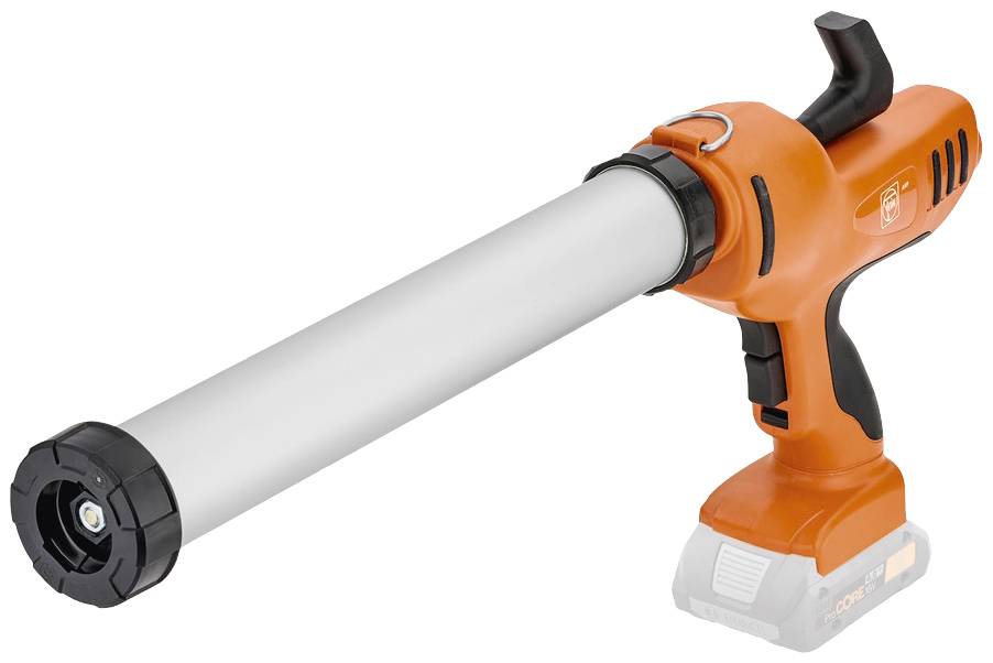 Battery-powered cartridge gun in orange and silver, suitable for applying sealants or adhesives in construction and DIY projects.