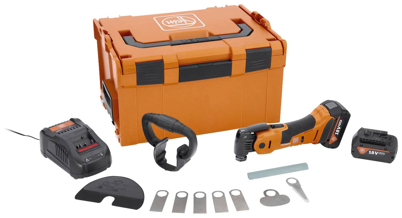 Tool set with oscillating multi-tool, charger, spare parts and transport case. Includes accessories for various work applications.