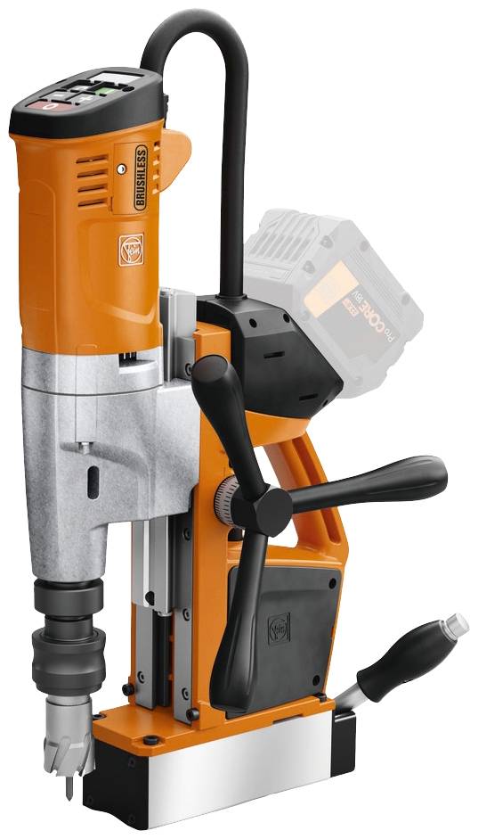 Magnetic drill with an orange and black casing, hand lever, and drill attachment. Substantial tool for metalworking.