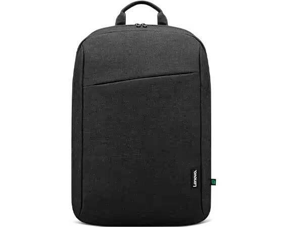 Black Lenovo backpack with minimalist design, top carry handle, front pocket and Lenovo logo positioned bottom right.