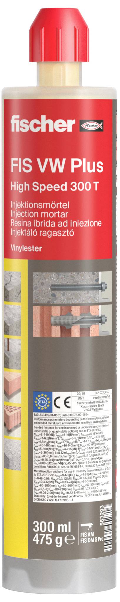 A Fischer FIS VW Plus injection mortar cartridge with a red cap, suitable for fixing in concrete and masonry, 300 ml.