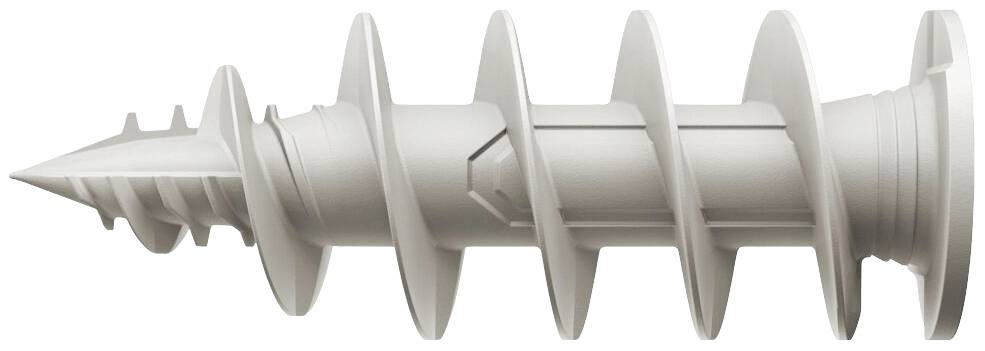 A cream-coloured, large wall plug with spiral threading, designed for secure anchoring in plasterboard.