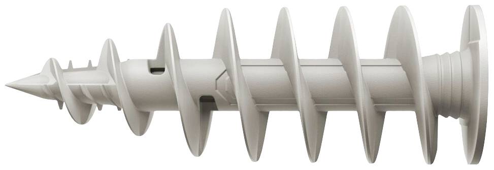 A white plastic cavity wall plug with a spiral design and wide thread turns, used for fixing into plasterboard.