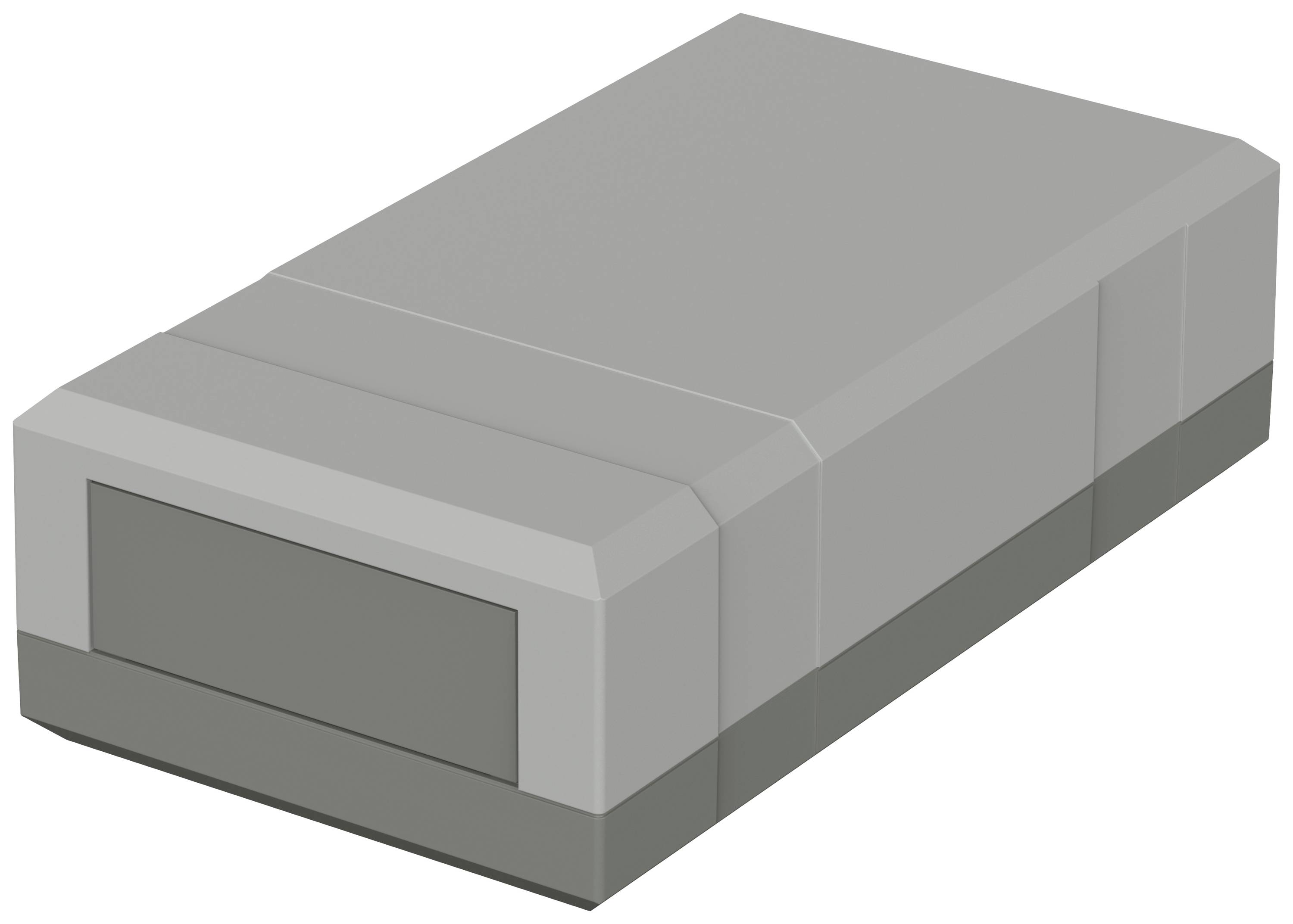 Rectangular grey box with a smooth surface, resembling an electronic device or storage unit.