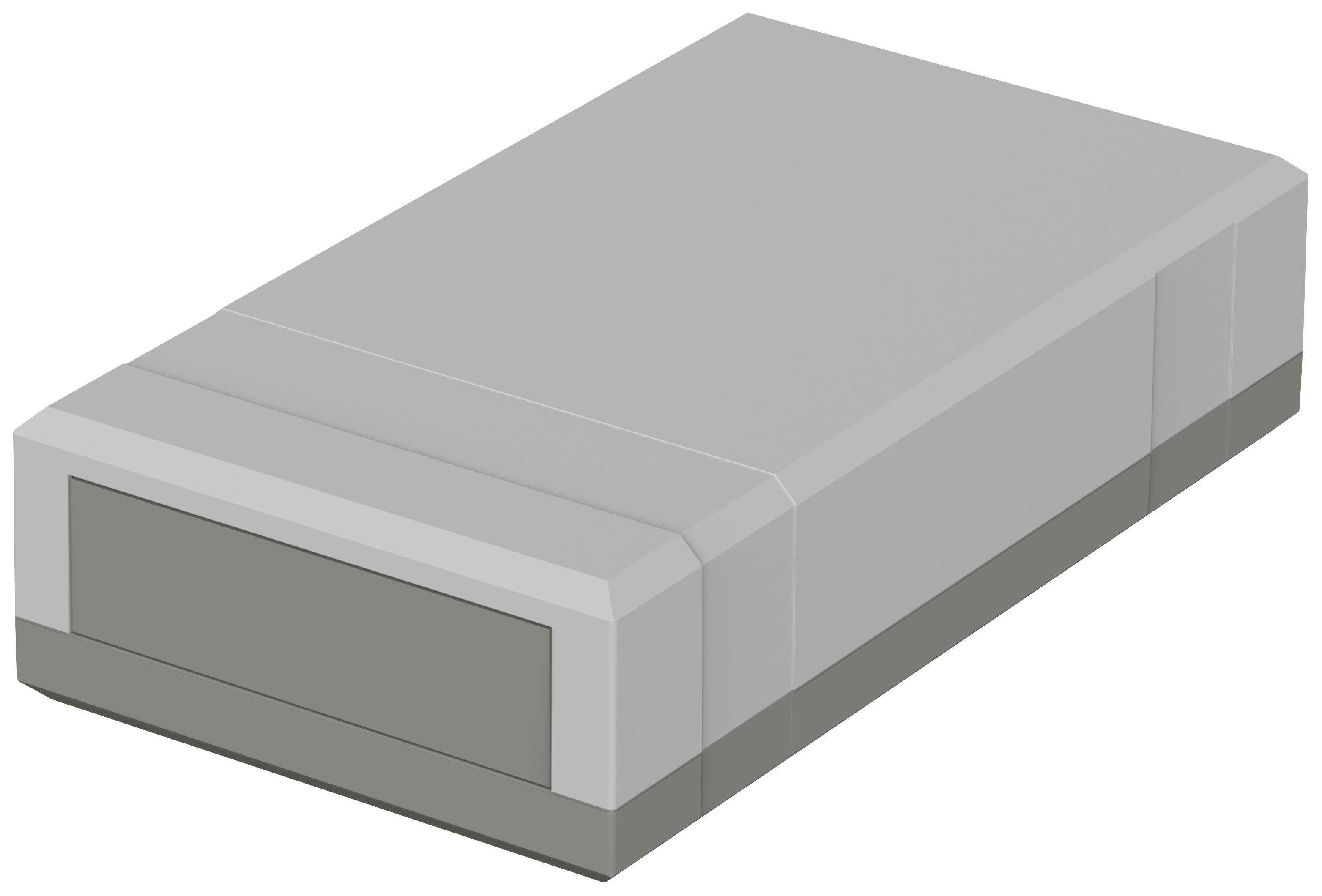 A grey rectangular box, similar to an external computer drive or casing, without any visible ports or markings.