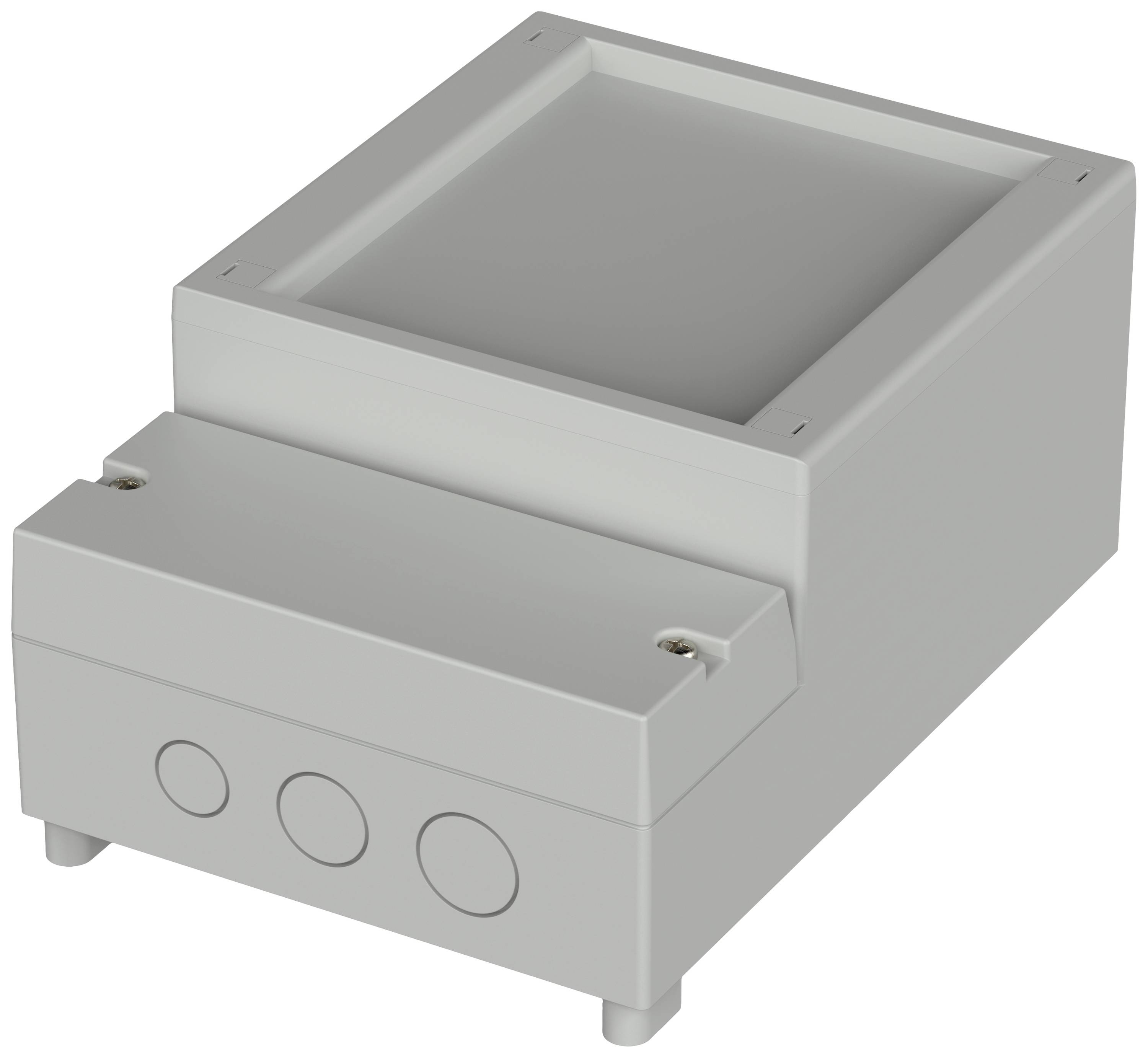 Grey plastic casing with a rectangular lid and three circular openings on the front.