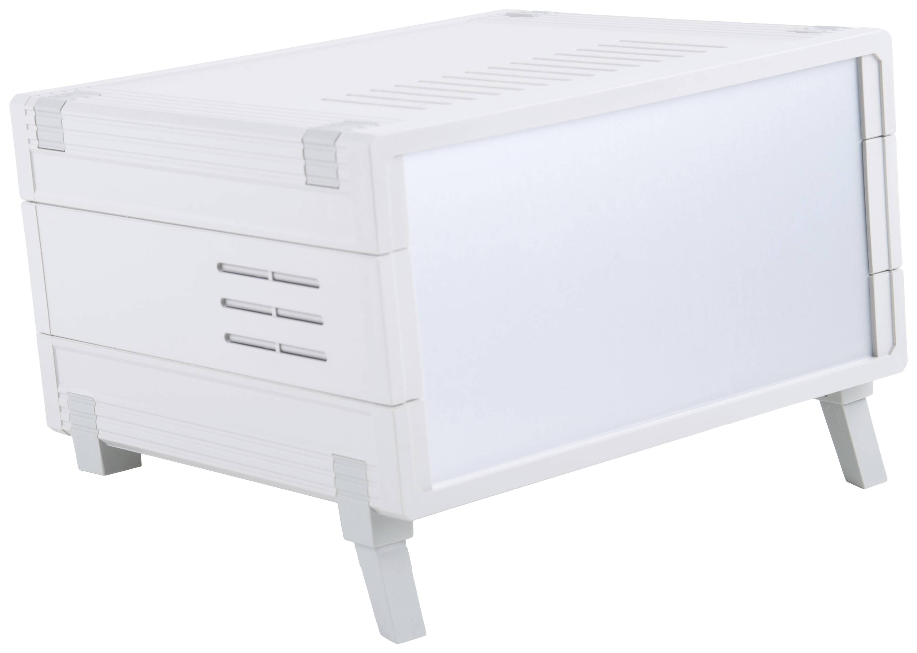 A white, rectangular casing with ventilation slots and a transparent front panel, mounted on angled feet.
