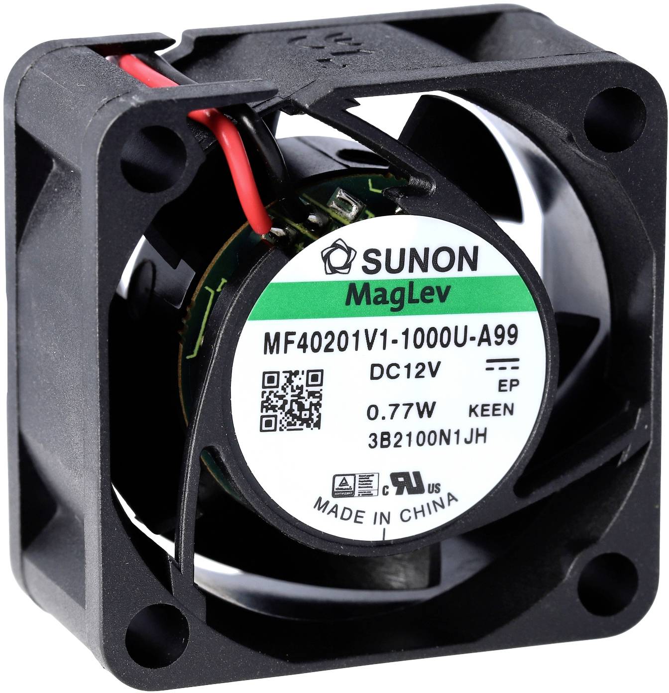 Black cooling fan by SUNON with product number MF40201V1. Operates at 12V DC. MagLev technology, manufactured in China.