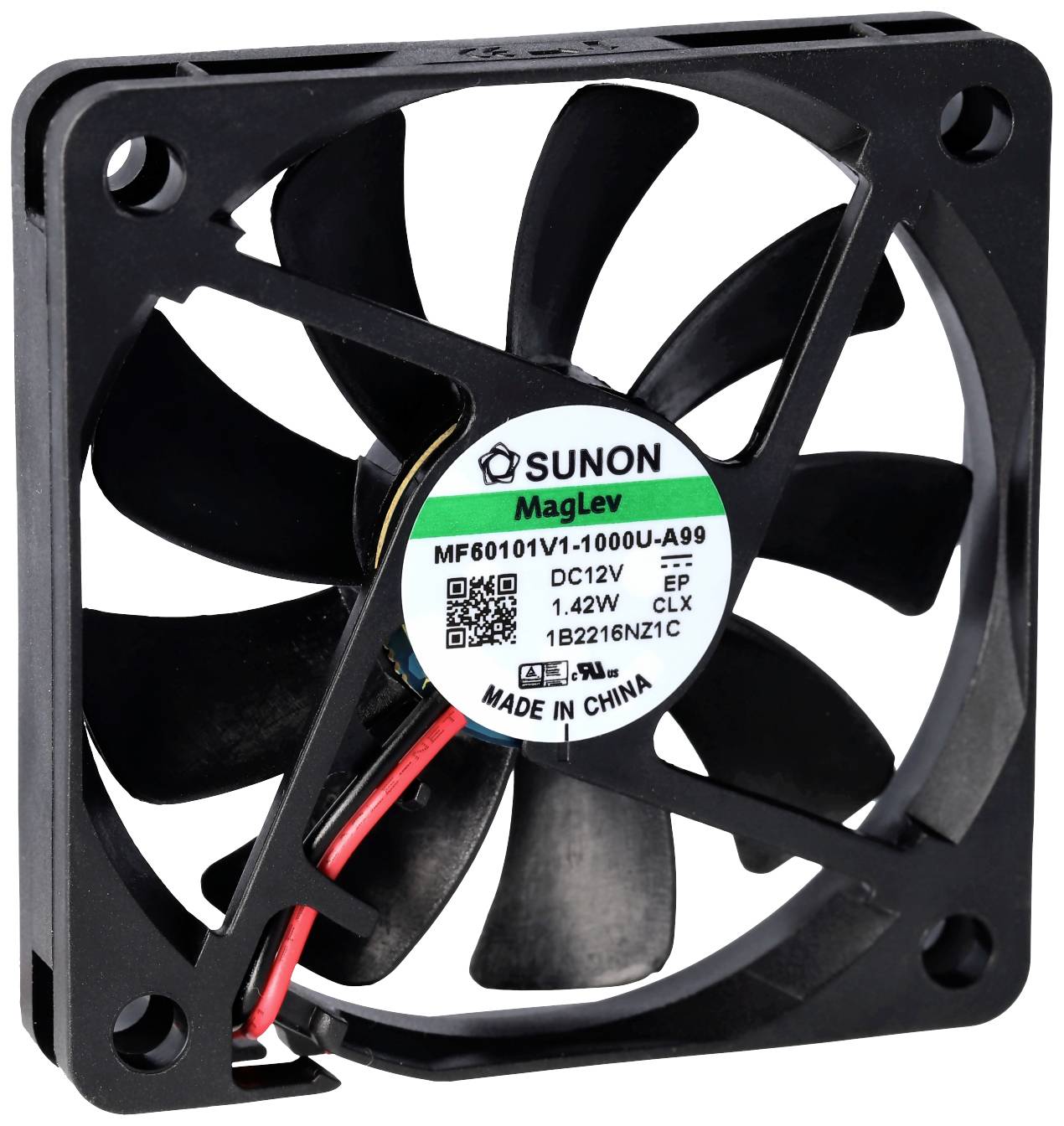 A black computer fan with multiple blades and a sticker in the centre displaying technical information.