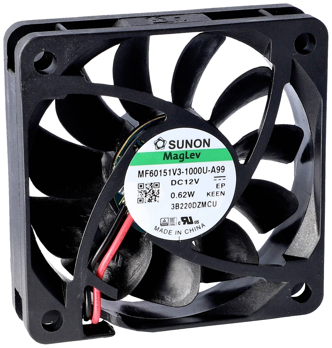 A black computer fan with nine blades, model 'Sunon MagLev MF60151V3-1000U-A99', 12V, manufactured in China.
