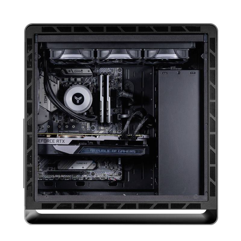 Interior view of a desktop PC with a graphics card, motherboard, and cooling components. Neat cable management visible.