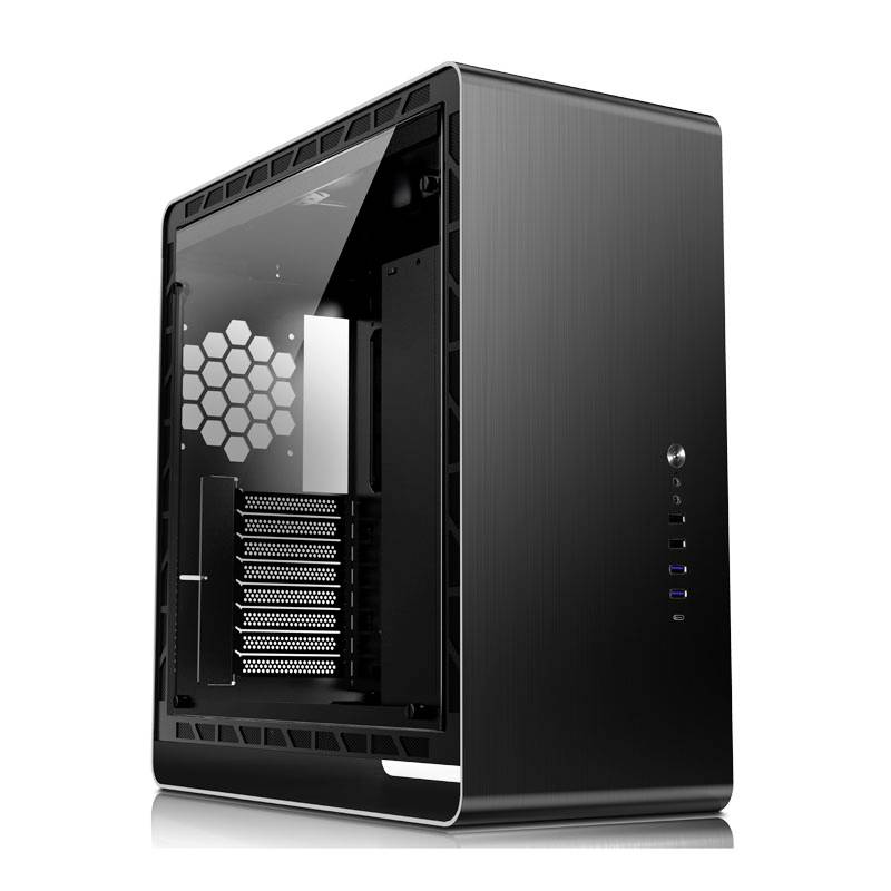A black computer case with a transparent side panel reveals expansion slots and fan grilles.