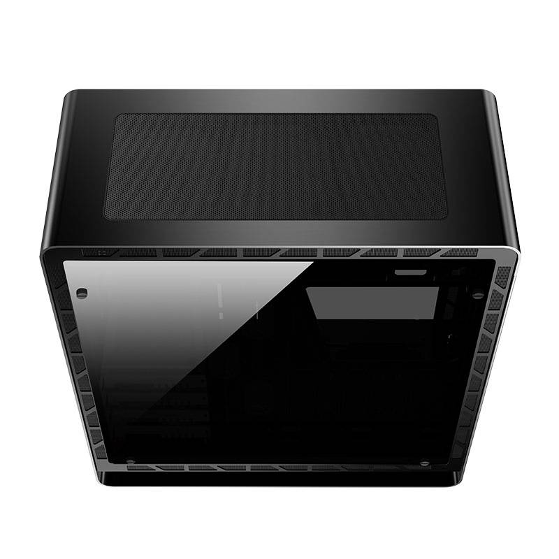 Black computer case with transparent side panel reveals the interior. Rectangular shape, with a ventilation grille on top for cooling.