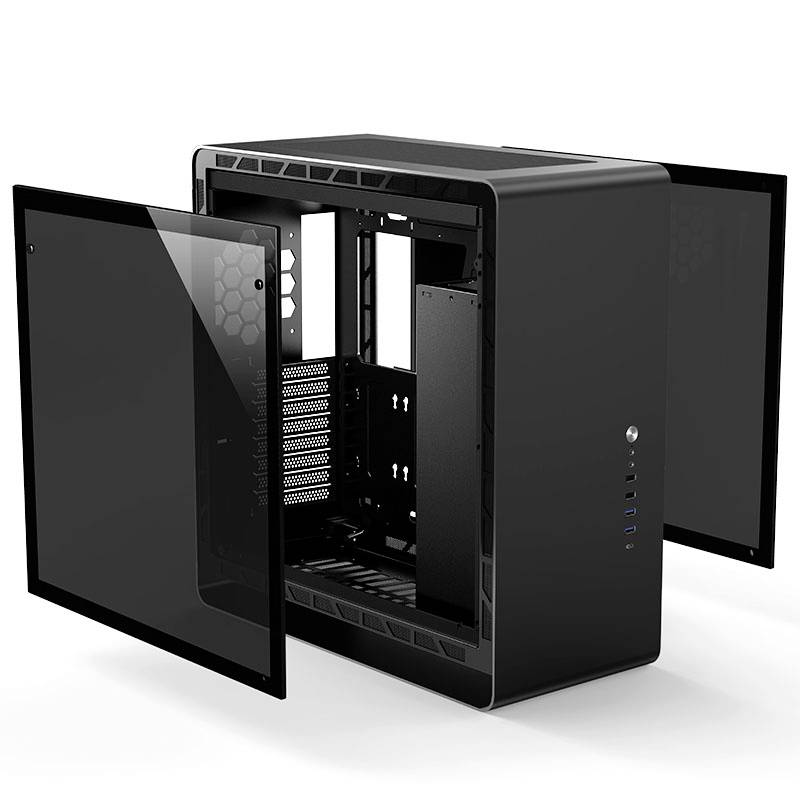 Black computer case with glass side panels, revealing the internal component space; modern, minimalist design.