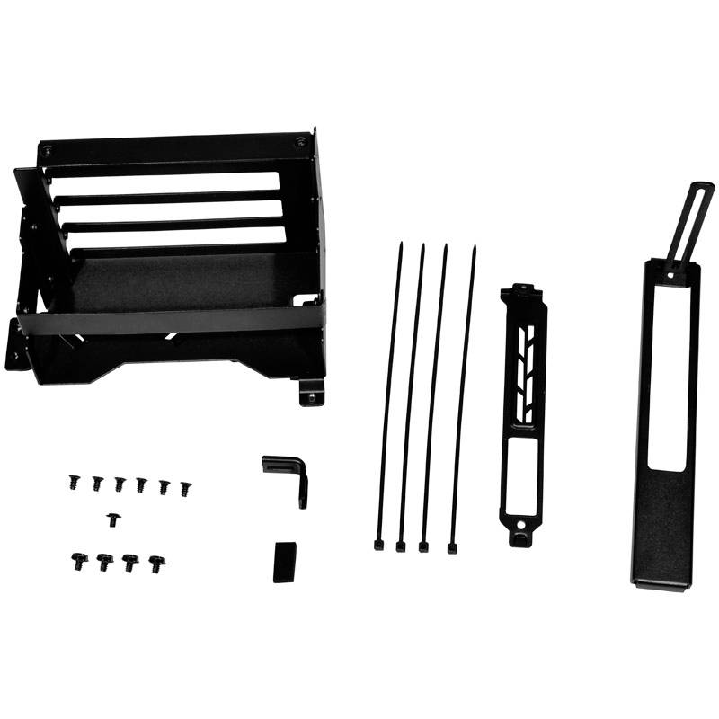 A cable management kit with a black rack, cable ties, screws and cover, designed for tidy organisation of computer components.